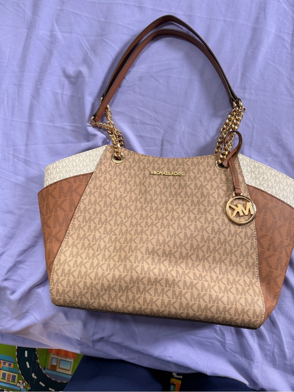 Michael Kors Tri-Panel Logo Tote in Brown and Cream with Gold Hardware